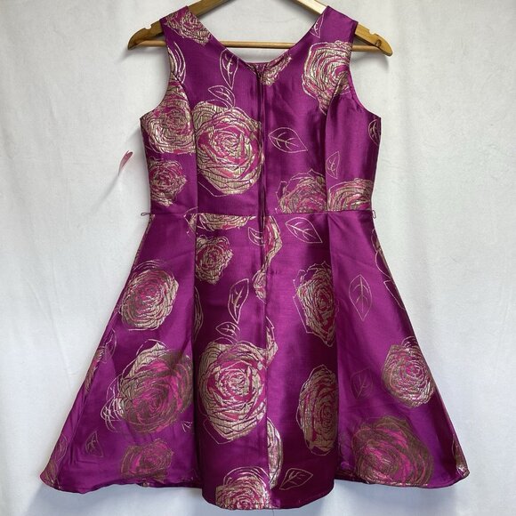 Place Sleeveless Jacquard Fit & Flare Dress Girls 16 Magenta Metallic Floral New - Picture 5 of 15